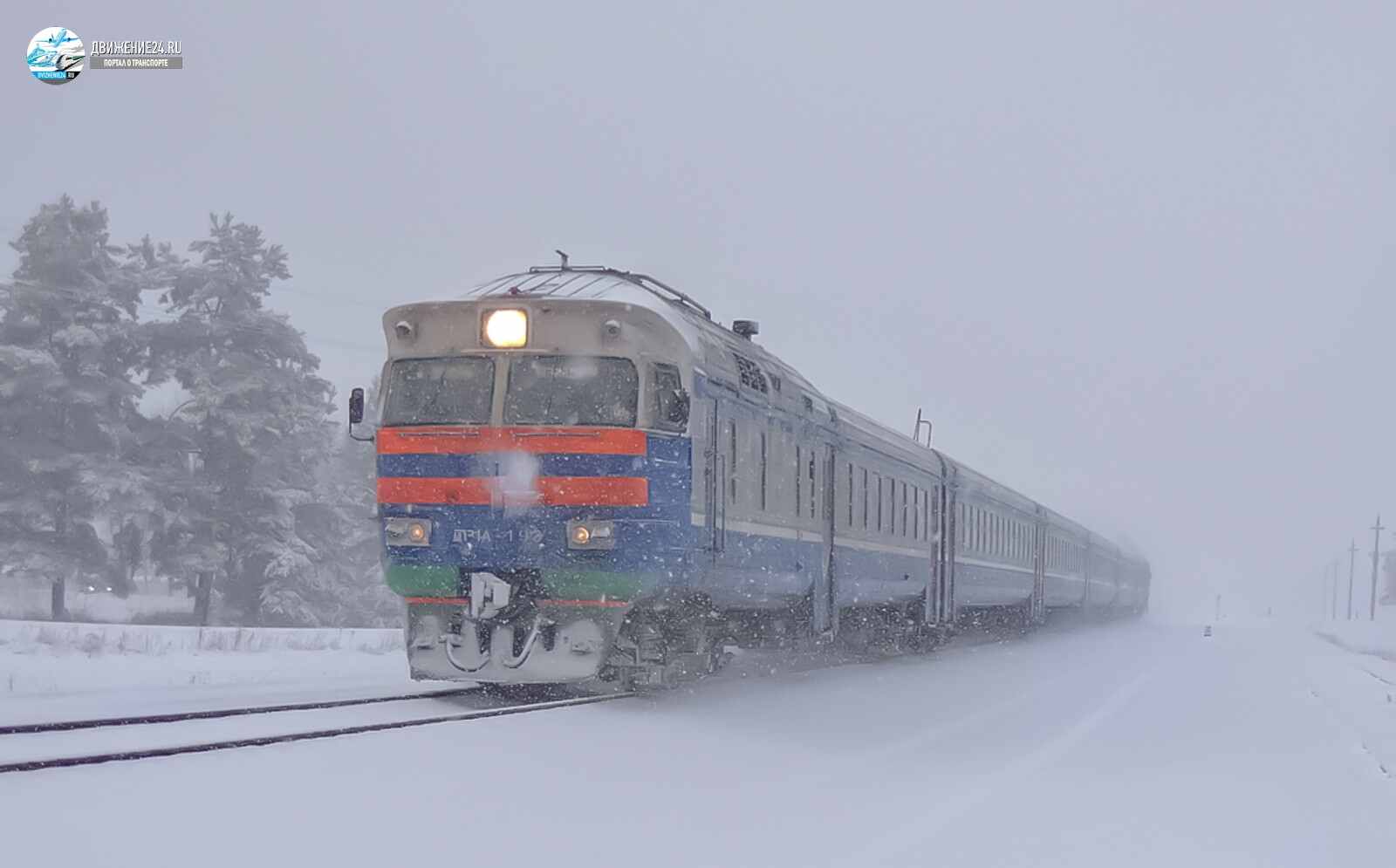 Дизель-поезд ДР1А зимой в снегопад